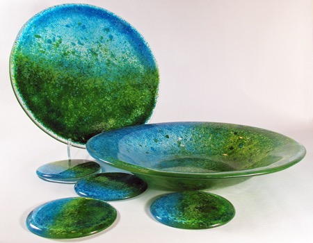 turq green med bowl, plate, coasters page